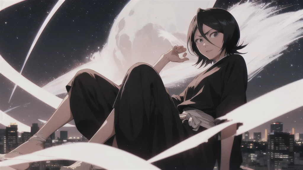 Rukia de Bleach, de cuerpo entero, sentada en una colina observando un Tokio de noche, volteándose hacia aquí para mirarte mientras sonríes.