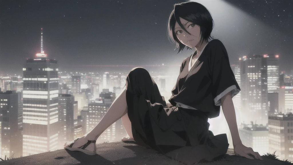 rukia from bleach full body protrat sitting on a hill watching over a tokyo at night turning here face to look at u wile smiling