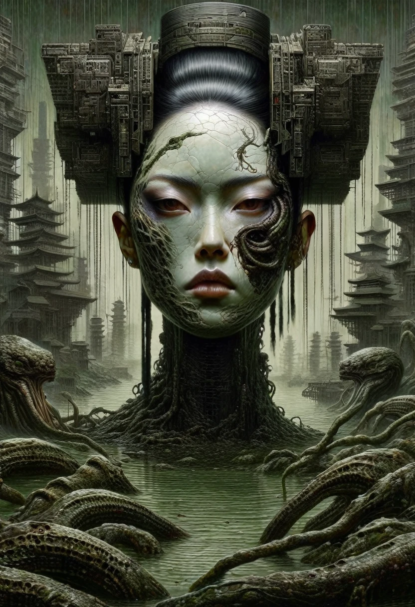 - Jaime Vives Piqueres – Halbkörperporträt, lovecraftian cyberpunk geisha in swamp multiverse, von Andrei Riabovitchev, von Viktor Michailowitsch Wasnezow, sorgfältige Liebe zum Detail, sehr detailliert, scharf, preisgekrönt, knackige Qualität, Erstaunlich, preisgekrönt, Überwältigend, spektakulär, fabelhaft, blendend, empfindlich, Fesselnd, sehr stilvoll, perfektes Gesicht, nobel, sublimieren, traumhaft, Glamourös, Zauberhaft, harte Eigenschaften, unschön, entstellt, wenig einladend, furchtbar