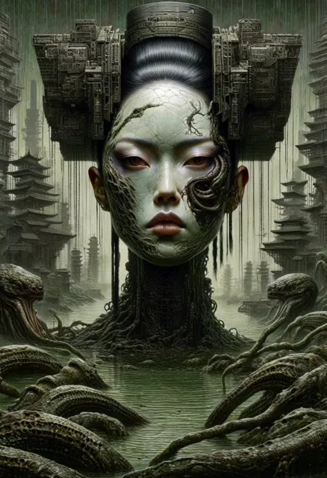 - Jaime Vives Piqueres - half body portrait, lovecraftian cyberpunk geisha in swamp multiverse, by Andrei Riabovitchev, by Vikto...