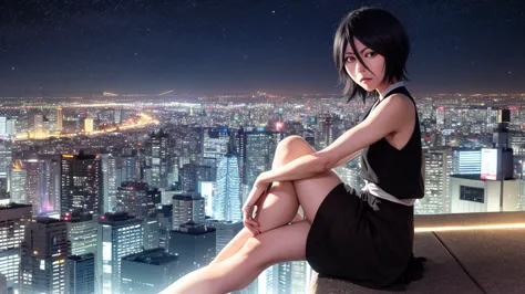 rukia from bleach full body protrat sitting on a hill watching over a tokyo at night turning here face to look at u wile smiling