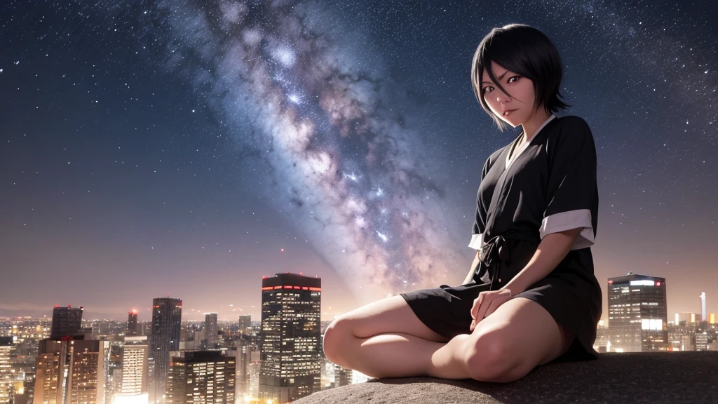 Rukia de l&#39;eau de Javel protrat complet du corps assis sur une colline surveillant un Tokyo la nuit se tournant ici face pour vous regarder en souriant