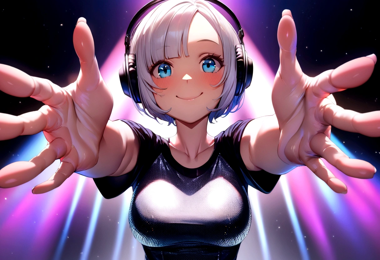 (ultra - detailed, 16K resolution, Cinema lenses, rendering by octane), (high resolution:1.18), intricate detail, (masterpiece:1.1), (highest quality:1.1), (1girl, portrait, white hair, blue eyes, short hair, detailed eyes),Wearing silver DJ headphones, Shiny silver sequined T-shirt, (Iconic hip-hop pop costumes:1.3), Smile while DJing on stage, full body shot of, The spotlight shines on the female DJ. Photorealistic photography by Disco Lighting, (cute round face:1.3), perfect fingers, five fingers, beautiful hands, perfect hands. master peace, cute smile.