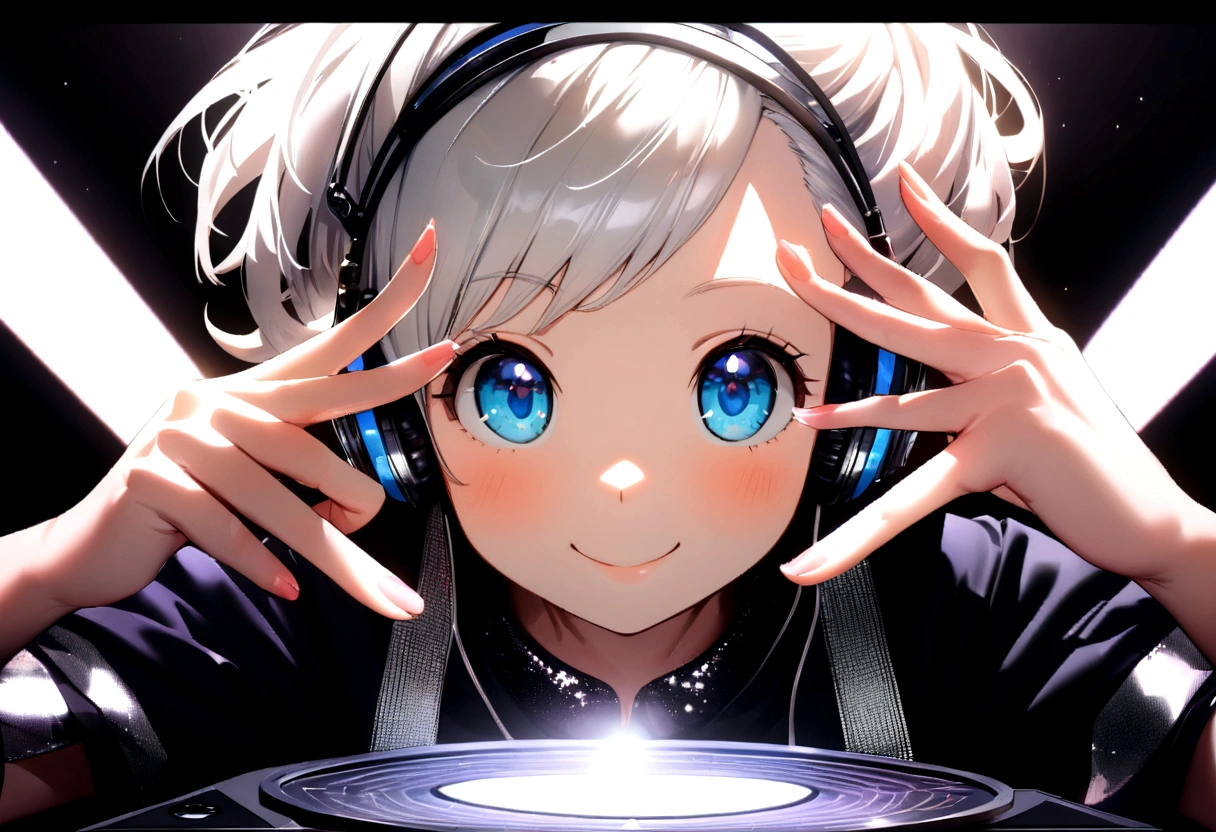 (ultra - detailed, 16K resolution, Cinema lenses, rendering by octane), (high resolution:1.18), intricate detail, (masterpiece:1.1), (highest quality:1.1), (1girl, portrait, white hair, blue eyes, short hair, detailed eyes),Wearing silver DJ headphones, Shiny silver sequined T-shirt, (Iconic hip-hop pop costumes:1.3), Smile while DJing on stage, full body shot of, The spotlight shines on the female DJ. Photorealistic photography by Disco Lighting, (cute round face:1.3), perfect fingers, five fingers, beautiful hands, perfect hands. master peace, cute smile.