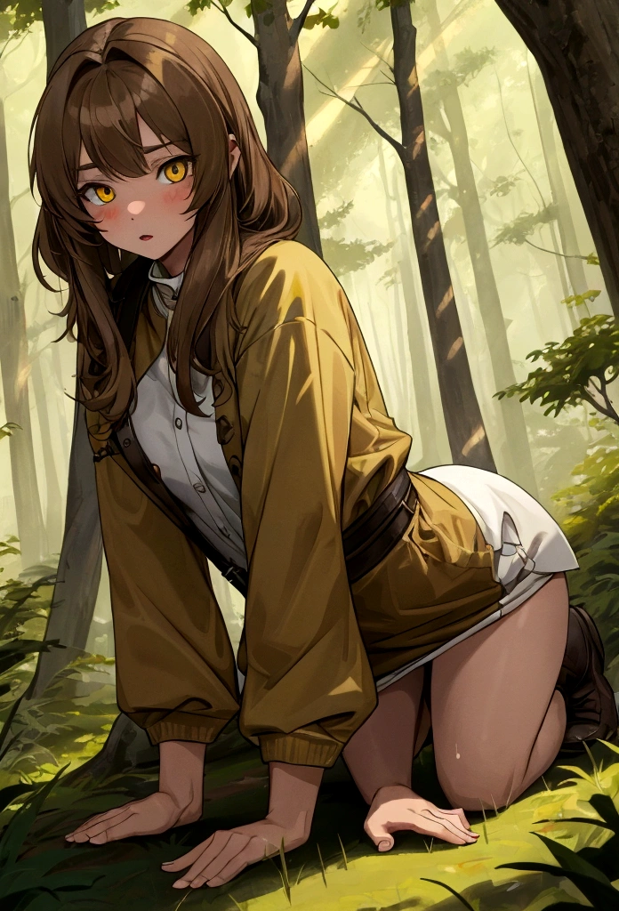 a wild feral light brown haired women on all fours in the forest staring at you with bright yellow eyes