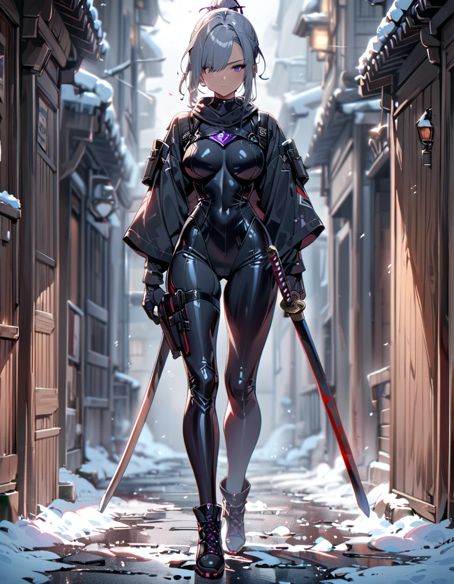 (masterpiece), highly detailed, (best quality), high quality, 1girl, (solo, solo focus), purple eyes, beautiful detailed eyes, beautiful detailed face, (perfect hands, complete fingers), perfect anatomy, perfect proportions, (short hair, (ponytail hair), grey hair), (hair over one eye:1.3), (using katana sword), detailed shadows, detailed light, (black skintight bodysuit, (black leotard), shoulder holster), (full black pantyhose, skintight black leggings), matching boots, full body, serious, cowboy shot, snowy alleyway backdrop. full body costume design.
