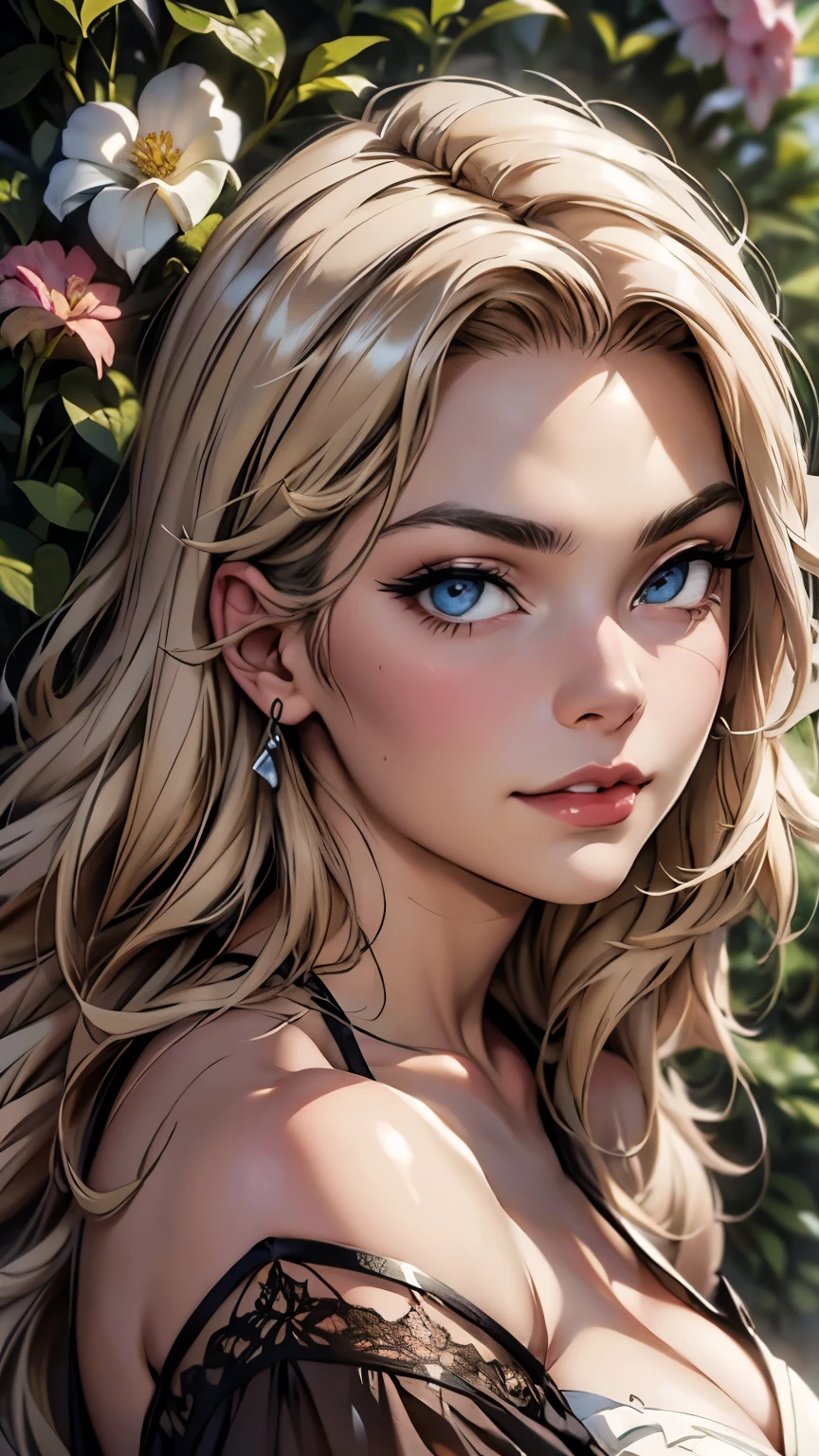 (highest quality,4k,8k,High resolution,masterpiece:1.2),super detailed,(realistic,photorealistic,photo-realistic:1.37),detailed and beautiful eyes,dense and beautiful lips,highly detailed eyes and face,long eyelashes,[garden, Bright colors,soft natural light,romantic atmosphere,vivid flowers, flowing dress,feminine and elegant pose,Happy and confident look, High fashion style, Dreamy scenery, fine art portrait, art print quality, oil painting techniques, impressionist style.