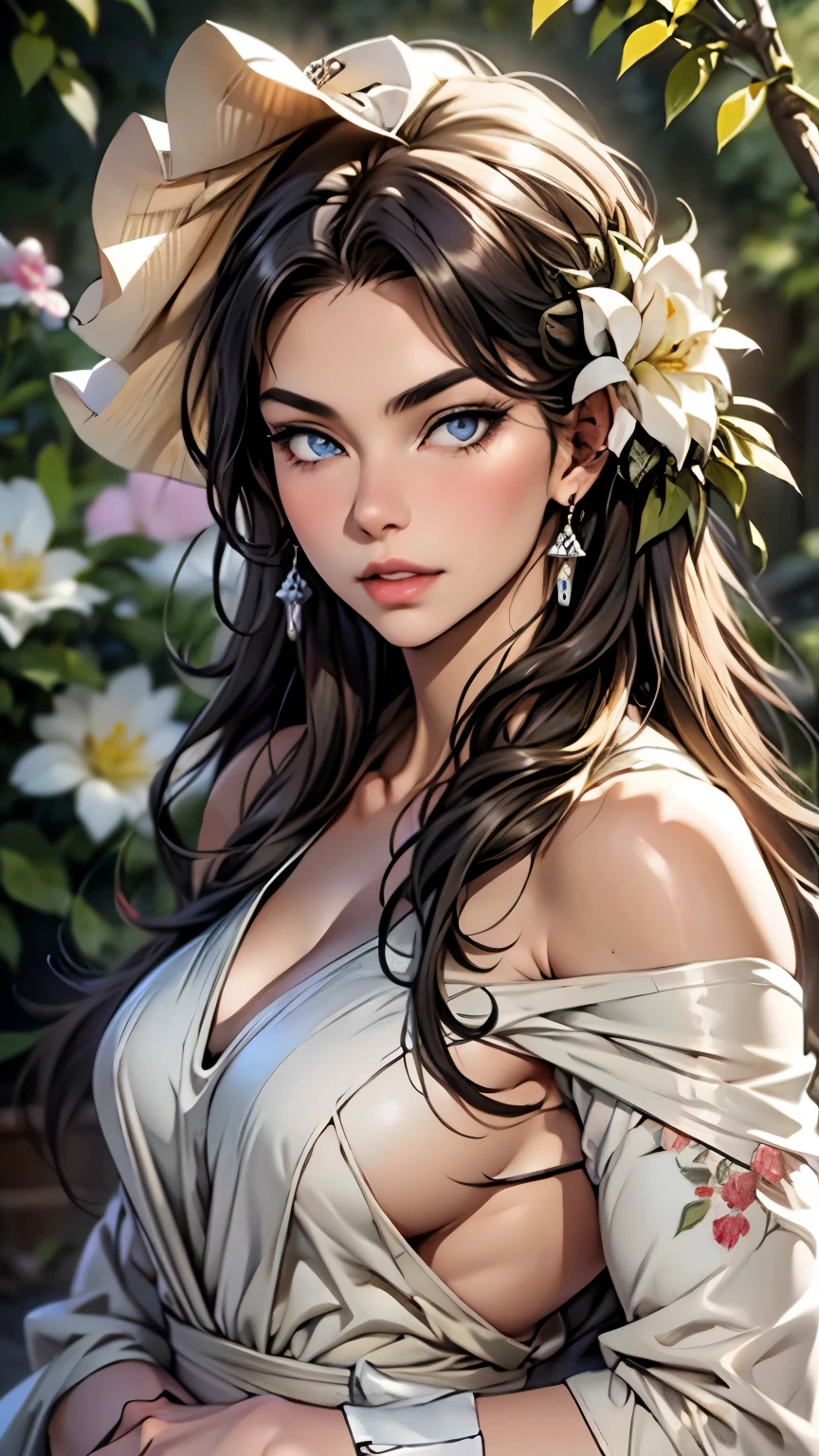 (highest quality,4k,8k,High resolution,masterpiece:1.2),super detailed,(realistic,photorealistic,photo-realistic:1.37),detailed and beautiful eyes,dense and beautiful lips,highly detailed eyes and face,long eyelashes,[garden, Bright colors,soft natural light,romantic atmosphere,vivid flowers, flowing dress,feminine and elegant pose,Happy and confident look, High fashion style, Dreamy scenery, fine art portrait, art print quality, oil painting techniques, impressionist style.