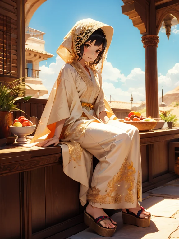 One Girl, Golden accessories, Veil, gem, Kaftans, turbaned, Sandals, Elegant robes, sand color, oasis, Queen
, Cowboy Shot