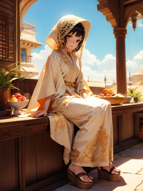 one girl, golden accessories, veil, gem, kaftans, turbaned, sandals, elegant robes, sand color, oasis, queen
, cowboy shot