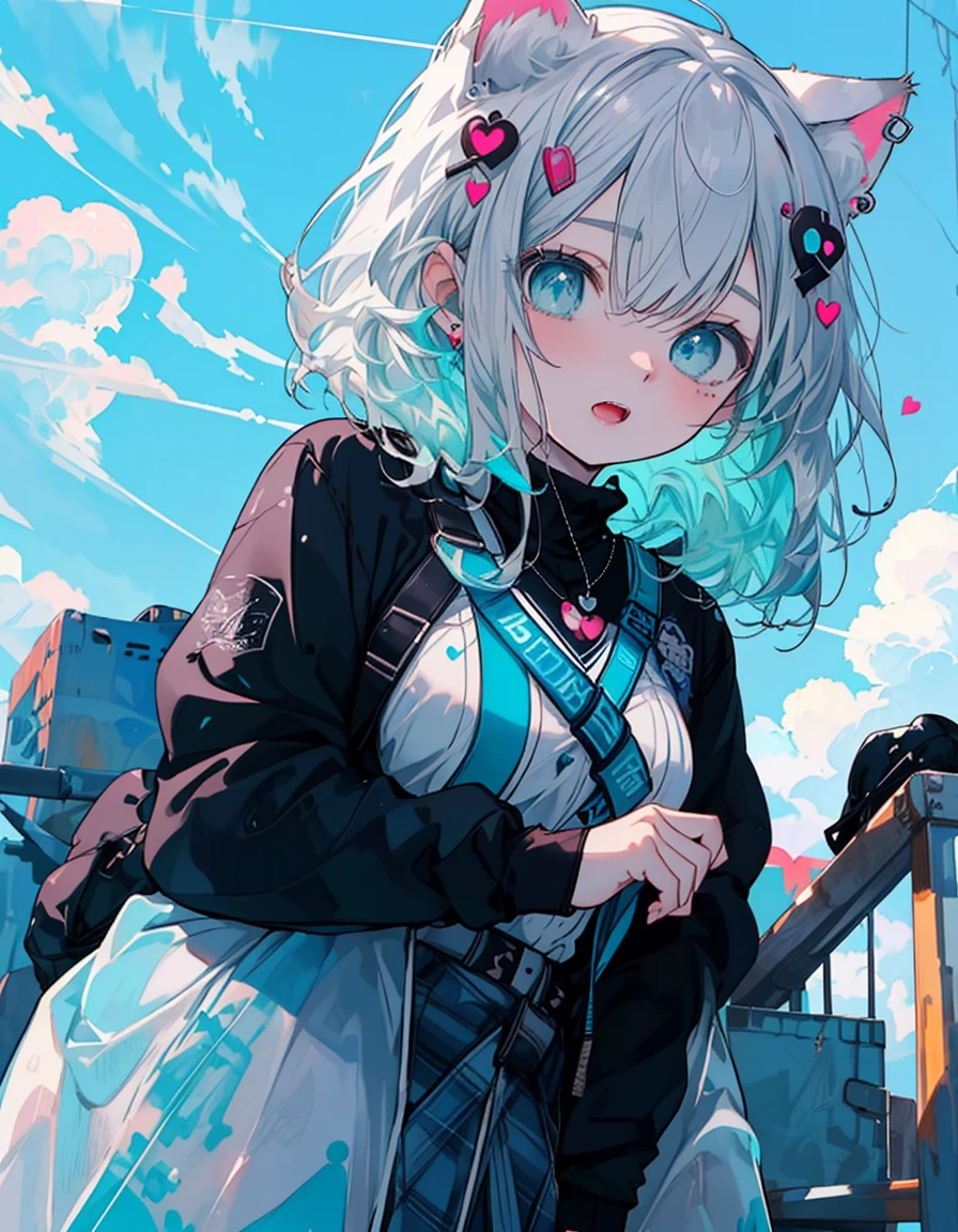 wink, open mouth, heart, ((masterpiece, best quality:1.5)), ((Beautiful detailed cat aqua eyes:1.2)), cat ears, pale skin, medium breasts, beautiful hands, beautiful fingers, EasyNegative