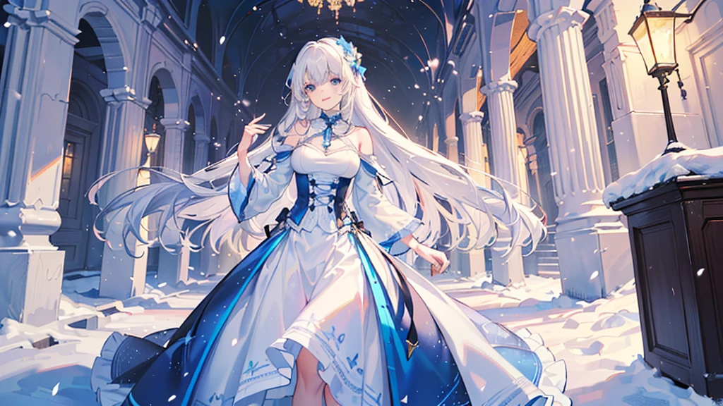 ((best quality，masterpiece，Extremely complex and exquisite details，There is only one beautiful girl with long white straight hair and blue eyes，Smile，long skirt))，(Exquisite light blue and white clothing，Beautiful bright and exquisite ancient style white castle architectural background)，(correct anatomy，exquisite face)，(Exquisite fantasy dream style，Snow，Falling Flowers，The great outdoors)