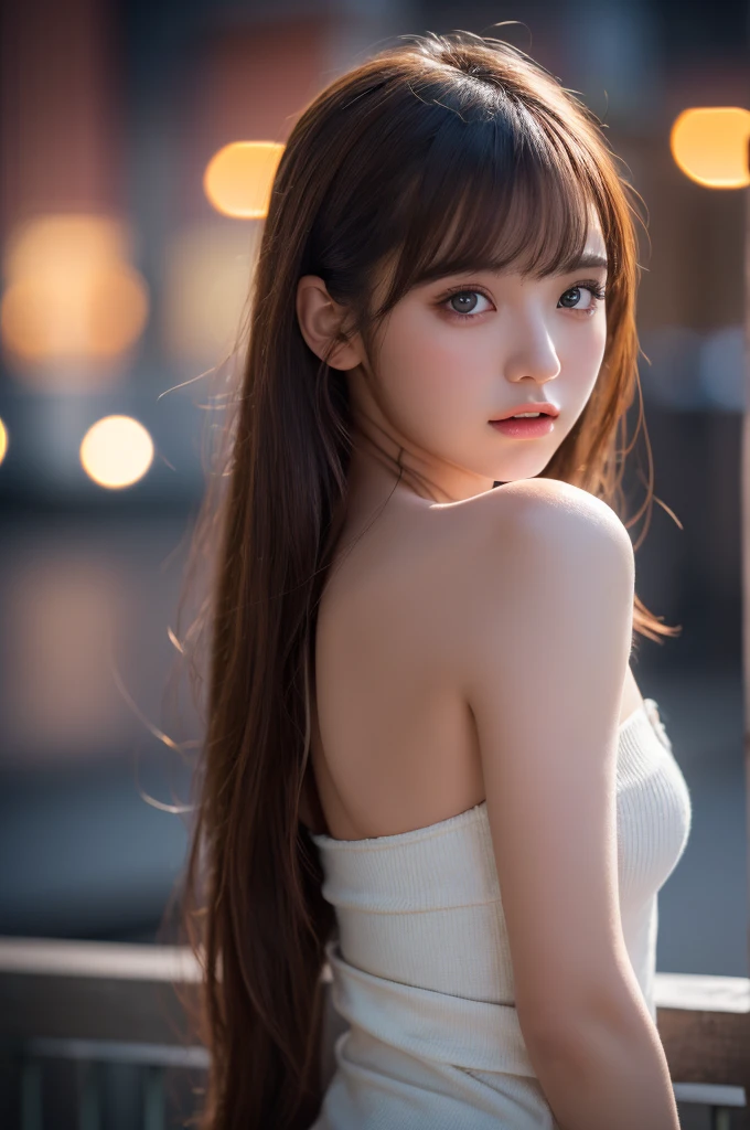 (best quality), (ultra-detailed), (illustration), (detailed light), (an extremely delicate and beautiful), 1young girl, brown hair, brown eyes, model, bare shoulders, best quality, extremely detailed CG unified 8k wallpaper, High-definition raw color photos, professional photograpy, (((Bokeh))), depth of fields, twilight, sunset,