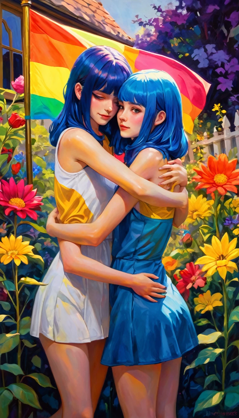 a beautiful girl with long flowing hair, a girl with short blue hair, two girls hugging and embracing, two girls holding hands, two girls in a garden, two girls surrounded by colorful flowers, two girls with pride flags, two girls with loving expressions, oil painting, chiaroscuro lighting, vibrant color palette, dramatic lighting, masterpiece, high quality, hyperrealistic, cinematic composition, surreal elements, Bill Sienkiewicz inspired art style
