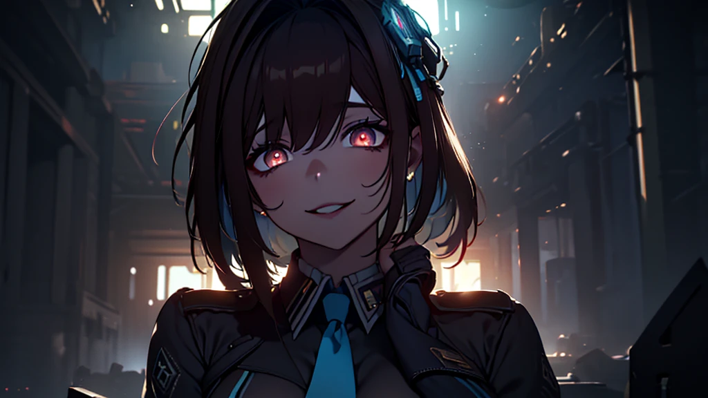 ((Best quality)), ((masterpiece)), (detailed:1.4), 3D, an image of a beautiful cyberpunk female, Yandere , Yandere Face , Trance , Trance Eyes , yameroyandere , constricted pupils , yandere , empty eyes . shaded face , crazy eyes , glowing brown eyes , crazy smile , Marian , tied hair, long brown hair , White Military Uniform , Brown Eyes, Blue Barret, Blue Necktie ,Blue Ribbon , White undercloth, large breasts, HDR (High Dynamic Range),Ray Tracing,NVIDIA RTX,Super-Resolution,Unreal 5,Subsurface scattering,PBR Texturing,Post-processing,Anisotropic Filtering,Depth-of-field,Maximum clarity and sharpness,Multi-layered textures,Albedo and Specular maps,Surface shading,Accurate simulation of light-material interaction,Perfect proportions,Octane Render,Two-tone lighting,Wide aperture,Low ISO,White balance,Rule of thirds,8K RAW,