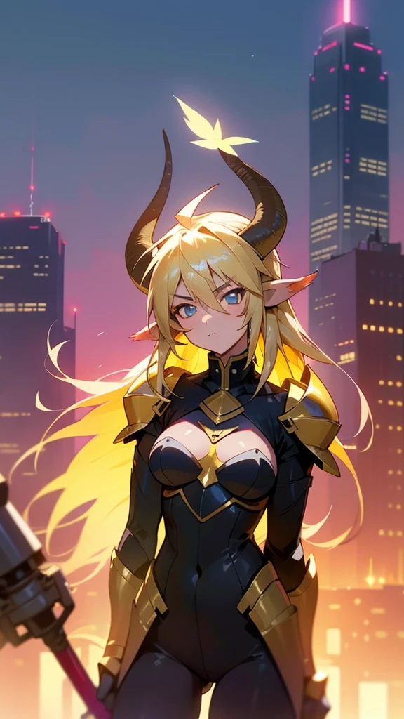 dreamy, colorful, sharp focus,fine detail, 8k resolution, ((glowing lights)),sunset sky,city,trees,1girl,mature female,serious,solo,long hair,blond hair,horns,shiny golden armor,cow ears,(black pantyhose),on top of a skyscraper