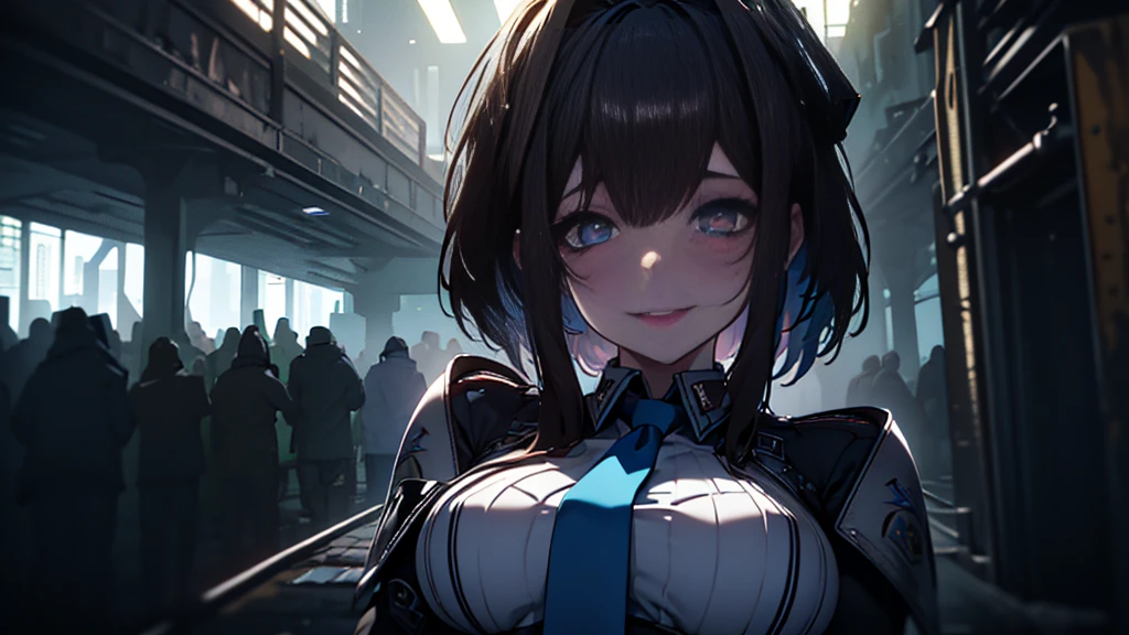 ((Best quality)), ((masterpiece)), (detailed:1.4), 3D, an image of a beautiful cyberpunk female, Yandere , Yandere Face , Trance , Trance Eyes , yameroyandere , constricted pupils , yandere , empty eyes . shaded face , crazy eyes , glowing brown eyes , crazy smile , Marian , tied hair, long brown hair , White Military Uniform , Brown Eyes, Blue Barret, Blue Necktie ,Blue Ribbon , White undercloth, large breasts, HDR (High Dynamic Range),Ray Tracing,NVIDIA RTX,Super-Resolution,Unreal 5,Subsurface scattering,PBR Texturing,Post-processing,Anisotropic Filtering,Depth-of-field,Maximum clarity and sharpness,Multi-layered textures,Albedo and Specular maps,Surface shading,Accurate simulation of light-material interaction,Perfect proportions,Octane Render,Two-tone lighting,Wide aperture,Low ISO,White balance,Rule of thirds,8K RAW,