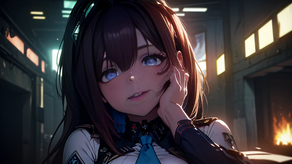 ((Best quality)), ((masterpiece)), (detailed:1.4), 3D, an image of a beautiful cyberpunk female, Yandere , Yandere Face , Trance , Trance Eyes , yameroyandere , constricted pupils , yandere , empty eyes . shaded face , crazy eyes , glowing brown eyes , crazy smile , Marian , tied hair, long brown hair , White Military Uniform , Brown Eyes, Blue Barret, Blue Necktie ,Blue Ribbon , White undercloth, large breasts, HDR (High Dynamic Range),Ray Tracing,NVIDIA RTX,Super-Resolution,Unreal 5,Subsurface scattering,PBR Texturing,Post-processing,Anisotropic Filtering,Depth-of-field,Maximum clarity and sharpness,Multi-layered textures,Albedo and Specular maps,Surface shading,Accurate simulation of light-material interaction,Perfect proportions,Octane Render,Two-tone lighting,Wide aperture,Low ISO,White balance,Rule of thirds,8K RAW,