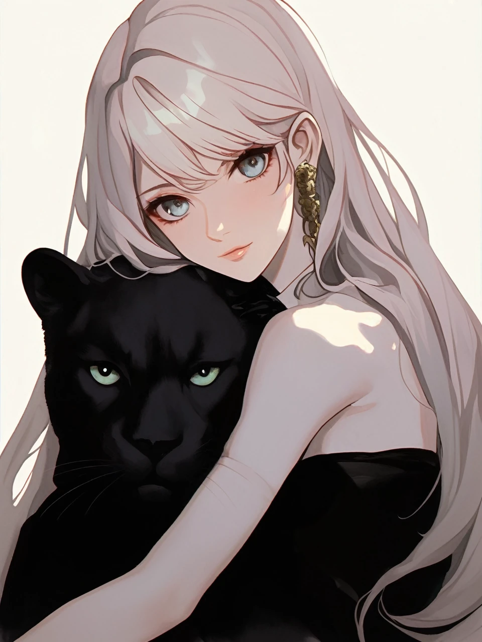 Woman holding a black panther，hair ornaments，白い花のhair ornaments
