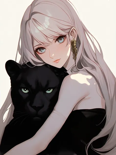 woman holding a black panther，hair ornaments，白い花のhair ornaments