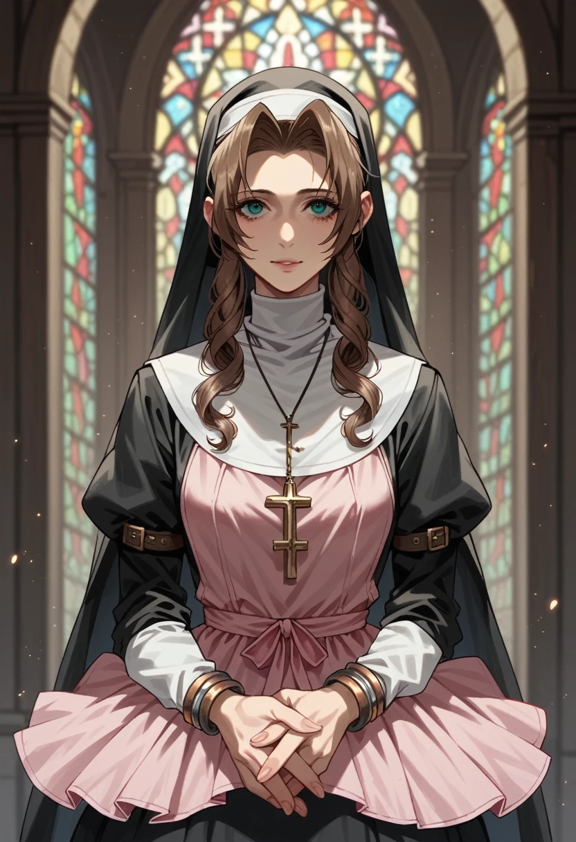 Aerith in her nun&#39;s garb、(Ahegao 3)、Peeing with panties on、sitting in a church chair、Bow-legged、(Grinning 3)、Looks happy、Roll one&#39;s eyes、snot、Drooling、Crying