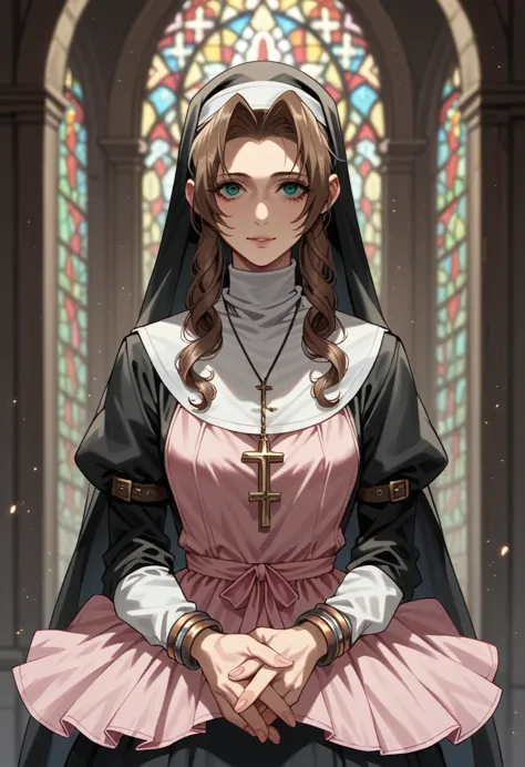 aerith in her nun&#39;s garb、(ahegao 3)、peeing with panties on、sitting in a church chair、bow-legged、(grinning 3)、looks happy、rol...