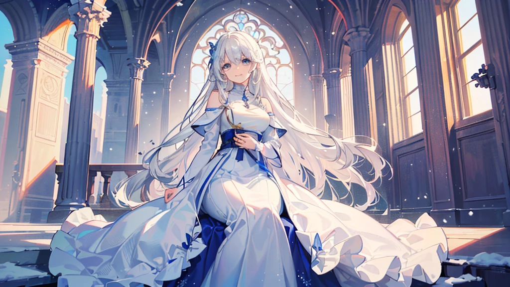 ((best quality，masterpiece，Extremely complex and exquisite details，There is only one beautiful girl with long white straight hair and blue eyes，Smile，long skirt))，(Exquisite light blue and white clothing，Beautiful bright and exquisite ancient style white castle architectural background)，(correct anatomy，exquisite face)，(Exquisite fantasy dream style，Snow，Falling Flowers，The great outdoors)