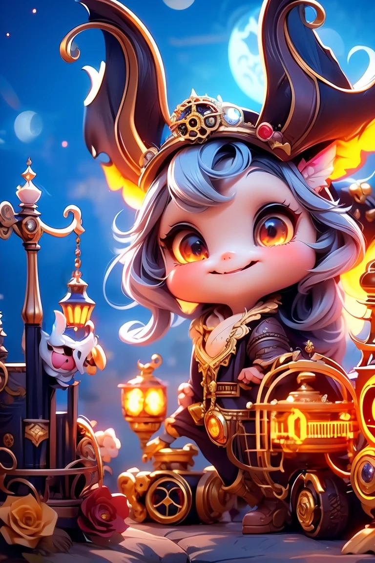 a cute horned demon queen smiling, queen crown, having fun at an amusement park at night, ((steampunk)) amusement park, night scene, lanters and cancles all around