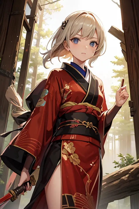 Wooden Humanoid Robot,kimono,Wood grain body,Made to resemble a girl,knife,Combat Ready,The background is a forest
