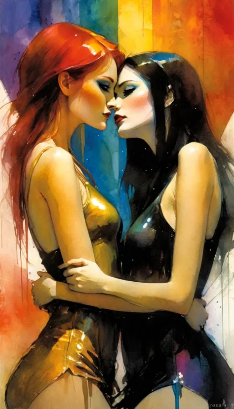 two girls love, pride (art inspired by Bill Sienkiewicz ). oil painting)
