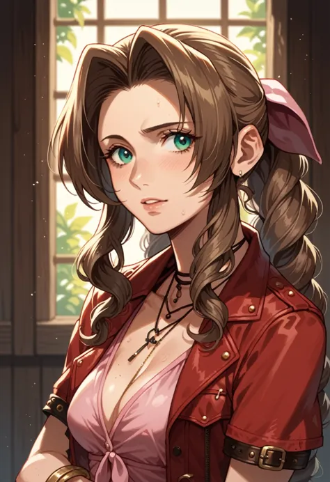 aerith in monk&#39;s clothes、ahegao、peeing with panties on、sitting in a chair、bow-legged、herahela、looks happy、roll one&#39;s eye...