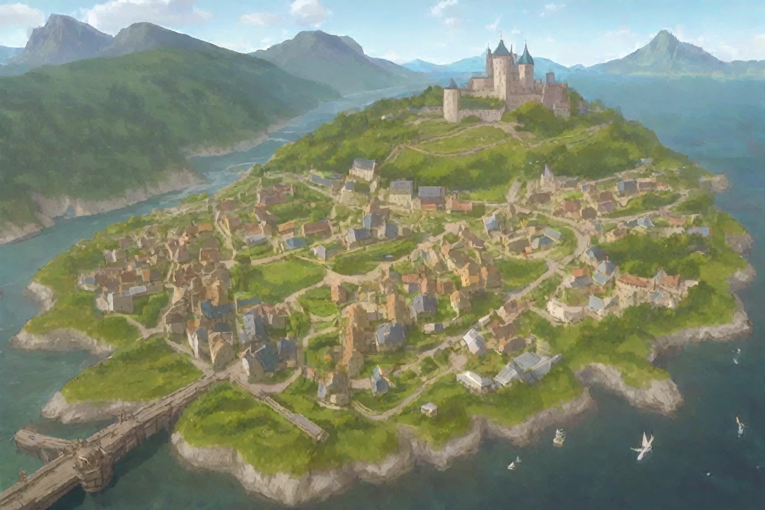 close-up of a small settlement with a bridge and a castle, Medieval village, Medieval fantasy city, a small Medieval village, Renaissance city, fantasy city setting, medieval city, Pixar-style WhiteRun, realistic photo of the city, castle town, Medieval village, city on a rock, city background, medieval city, small village