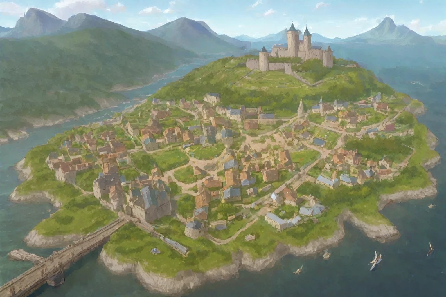 close-up of a small settlement with a bridge and a castle, Medieval village, Medieval fantasy city, a small Medieval village, Renaissance city, fantasy city setting, medieval city, Pixar-style WhiteRun, realistic photo of the city, castle town, Medieval village, city on a rock, city background, medieval city, small village