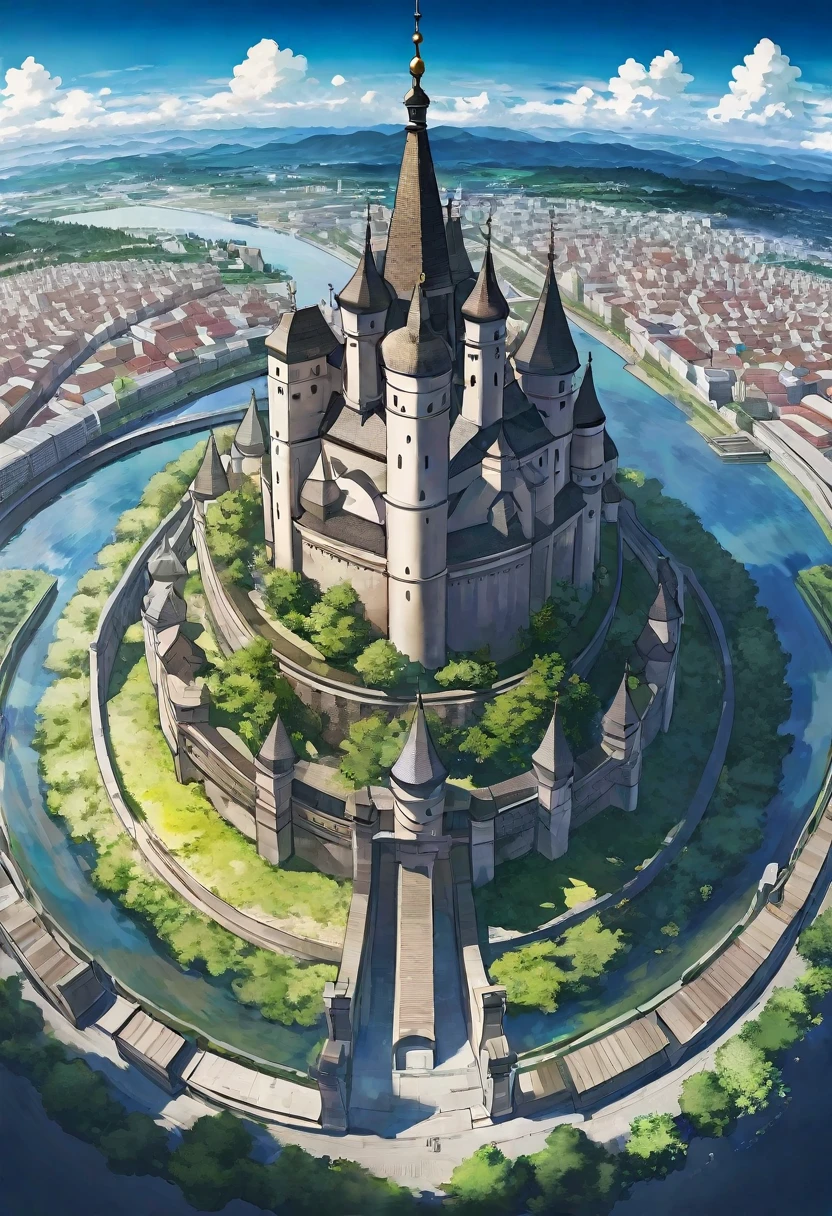 Karte eines mittelalterlichen Fantasy-Städtchens, Anime-Serie, von oben, Panorama, Super Detail, gute Qualität, hohe Details, preisgekrönt, beste Qualität, highres, 8k