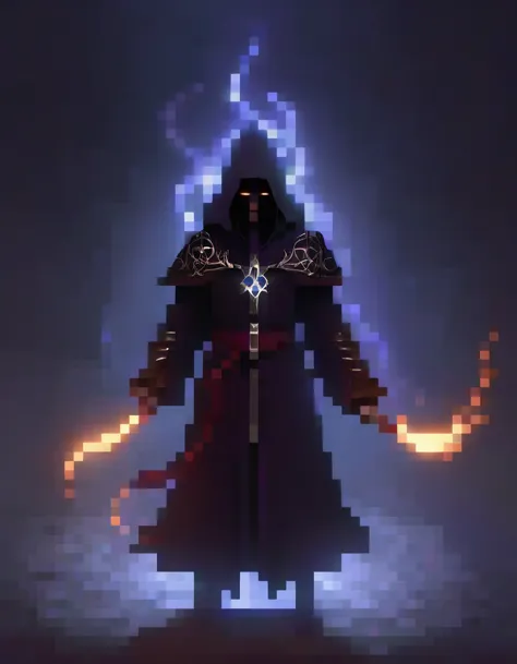 a dark mage in a shadowy environment, mysterious magic energy swirling around, dramatic lighting, sinister expression, long dark...