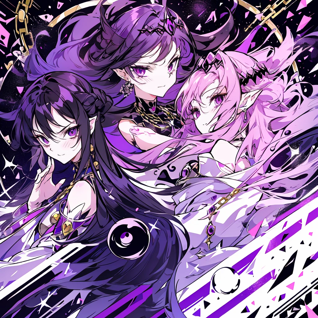 dark persona, ecstasy, looking at viewer, armor, both hands on own face, happy, blush, evil grin, white leg armor, knight, wavy hair, medium hair, octagonal yin yang mirror, purple eyes, audience, forehead jewel, pillars of purple fire, 1 woman, white cape, runes, white dress, white wing headdress, Ruined city, gold decoration, black hair, long cheongsam, earring, chains, yin yang, long skirt, beautiful art, depth of field, high res, perfect face, detailed outfit