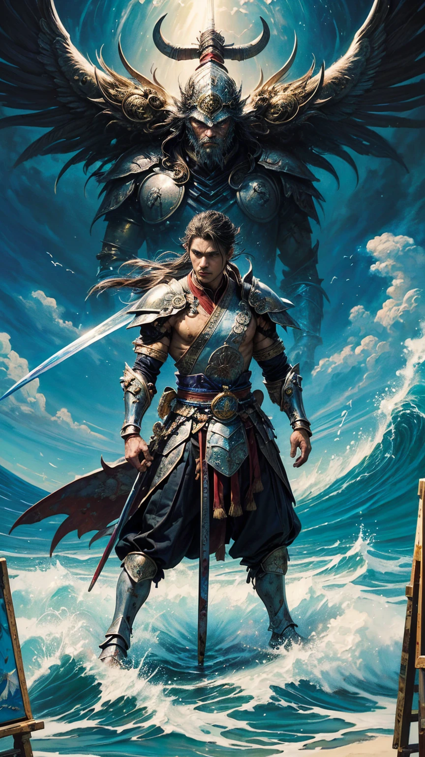 (Tabletop, Highest quality, ((((((male))))))、Highest quality, (((((Warrior)))))、Official Art, (beautifully、beautiful:1.4), (Painting:1.4) ),  (Warrior 1.5), god of Japanese mythology, Majestic Beauty, god of the Sea、god of Waves、Komono、((((Komono))))、Reincarnation Support, god&#39;Blessed, Calm and meditative expression, Flowing Armor, Shine、Brought peace and a bountiful harvest to all the oceans on earth, Soaring to the Earth, Whispers of Ancient Lore、(((pose)))