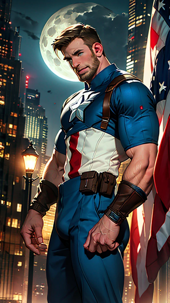 32k , 1 solo man , chris evans as Captain America wearing his outfit, stands posing, detailed face,  detailed fingers,  detailed muscles,  detailed hands , sketch style, ink scratches, sharp lines, trending on artstation, realistic engine, vivid colors , high resolution, Moonlight highlights his muscles and bulge . The scenery is lush and mysterious, with a dark city in the background and surroundings.full front view