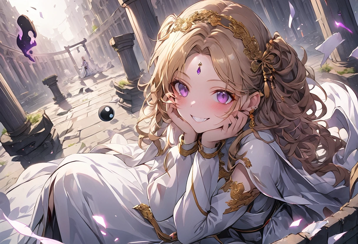 dark persona, ecstasy, looking at viewer, armor, both hands on own face, happy, blush, evil grin, white leg armor, knight, wavy hair, medium hair, octagonal yin yang mirror, purple eyes, audience, forehead jewel, pillars of purple fire, 1 woman, white cape, runes, white dress, white wing headdress, Ruined city, gold decoration, gold hair, long cheongsam, earring, chains, yin yang, long skirt, beautiful art, depth of field, high res, perfect face, detailed outfit