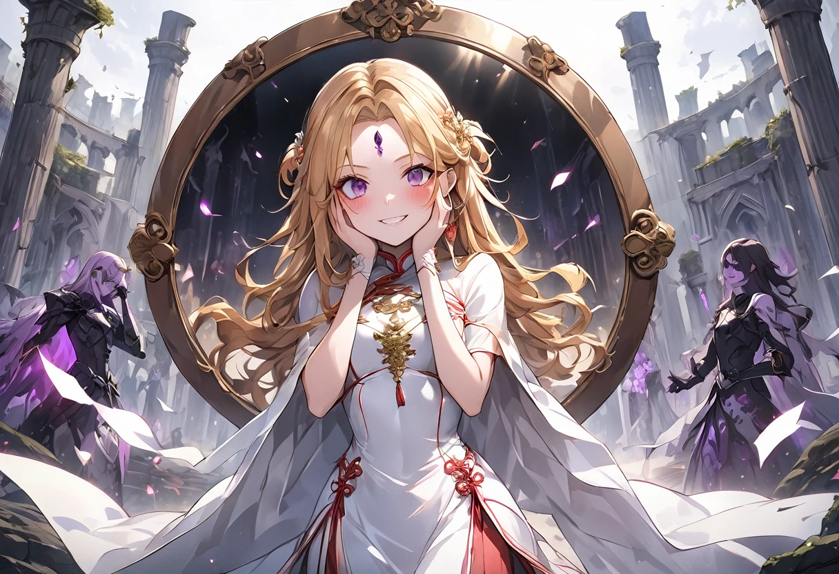 dark persona, ecstasy, looking at viewer, armor, both hands on own face, happy, blush, evil grin, white leg armor, knight, wavy hair, medium hair, octagonal yin yang mirror, purple eyes, audience, forehead jewel, pillars of purple fire, 1 woman, white cape, runes, white dress, white wing headdress, Ruined city, gold decoration, gold hair, long cheongsam, earring, chains, yin yang, long skirt, beautiful art, depth of field, high res, perfect face, detailed outfit