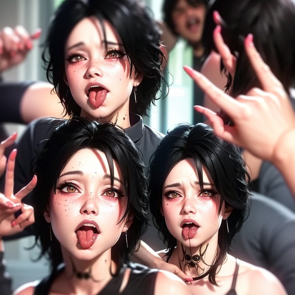 Evelyn, black hair, dirty hair, short hair, blur, cutout, blurred background, portrait, solo, Evelyn, black hair, dirty hair, cutout, upper body, open mouth, tongue, teeth, tongue, POV, looking at the viewer, hands at face level, shows 2 fingers, index and middle, 1 person, no one in the background