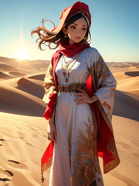 One Girl, Golden accessories, Veil, gem, Kaftans, turbaned, Sandals, Elegant robes, sand color, oasis, Long Hair, Wavy Hair, Light of the sun, camel, Sand Dunes, Wind, mysterious, Desert flower, Coin Belt, fabric, embroidery, metallic, scarf, Turquoise, jewelry, gold, Queen
, Cowboy Shot