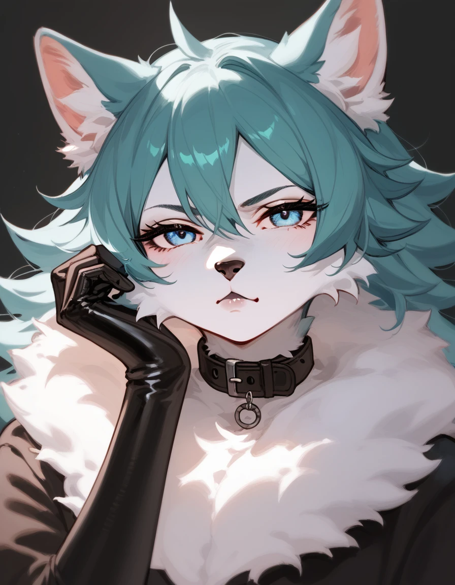 score_9, score_8_up, score_7_up, shirou ogami, female wolf anthro, feminine, hourglass figure, white furry body, fluffy tail, detailed fur, fluffy body, blue eyes white sclera, black lips, collar, gloves, black panties, simple white background, bored expression, cute pout,