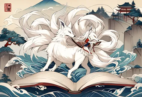 The mythical beast nine tailed white fox in the ancient Chinese Book of Mountains and Seas，Some of the nine tails are translucen...