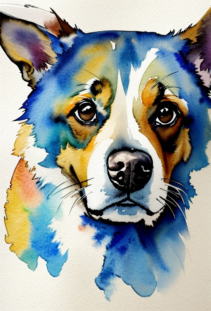 كلب ينظر إلى العدسة, ألوان مائية painting, ألوان مائية, نوعية ممتازة, تفاصيل, ألوان مائية texture, ضربات الفرشاة, ألوان جميلة