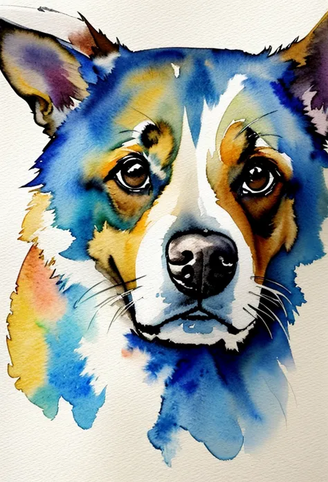 dog looking into the lens, watercolor painting, watercolor, excellent quality, details, watercolor texture, brushstrokes, beautf...