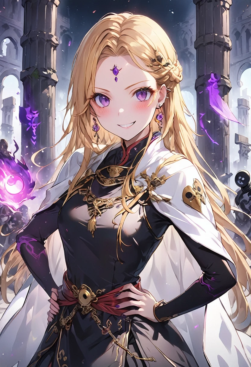 dark persona, ecstasy, looking at viewer, armor, hand on own hip, happy, blush, evil grin, black leg armor, knight, long hair, octagonal yin yang mirror, purple eyes, audience, forehead jewel, pillars of purple fire, 1 woman, white cape, runes, black dress, Ruined city, gold decoration, at midnight, gold hair, earring, chains, yin yang, skirt, beautiful art, depth of field, high res, perfect face, detailed outfit