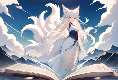 hd,the mythical beast nine tailed white fox in the ancient chinese book of mountains and seas，some of the nine tails are translu...