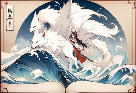 HD,The mythical beast nine tailed white fox in the ancient Chinese Book of Mountains and Seas，Some of the nine tails are translu...