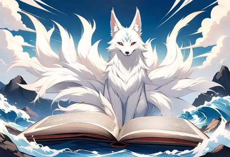 HD,The mythical beast nine tailed white fox in the ancient Chinese Book of Mountains and Seas，Some of the nine tails are translu...